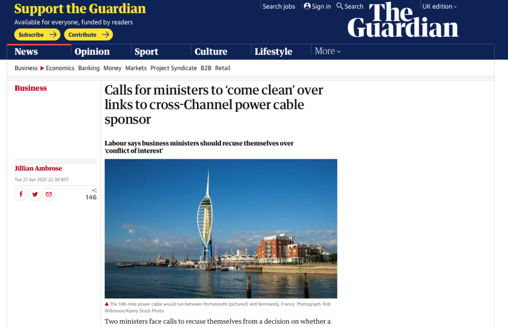 Aquind Interconnector Story on The Guardian Website